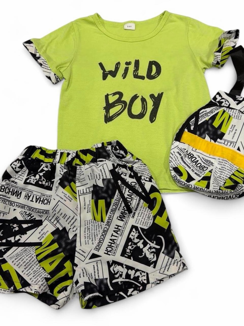 Neon Lime "Wild Boy" Graphic Tee & Newspaper Print Shorts Set 5 yrs old boys